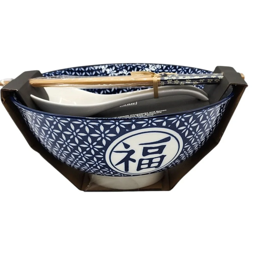 SH Home Blue Fu Floral Ceramic Ramen Noodle Bowl 42oz With 2 Chopstick And Spoon